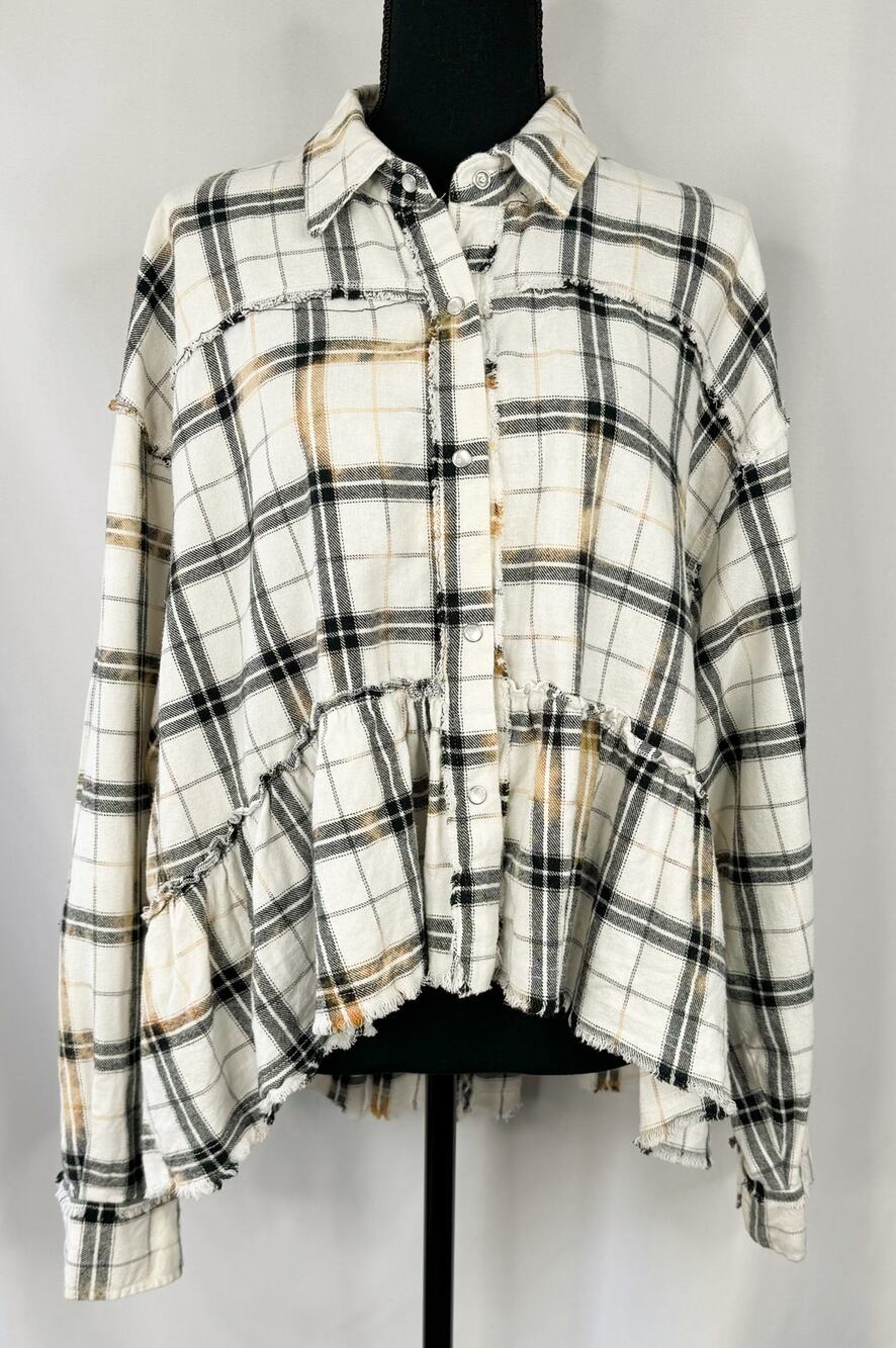 Womens Size L Flannel Top Windowpane Plaid Ruffle Top Boho Western Rockabilly